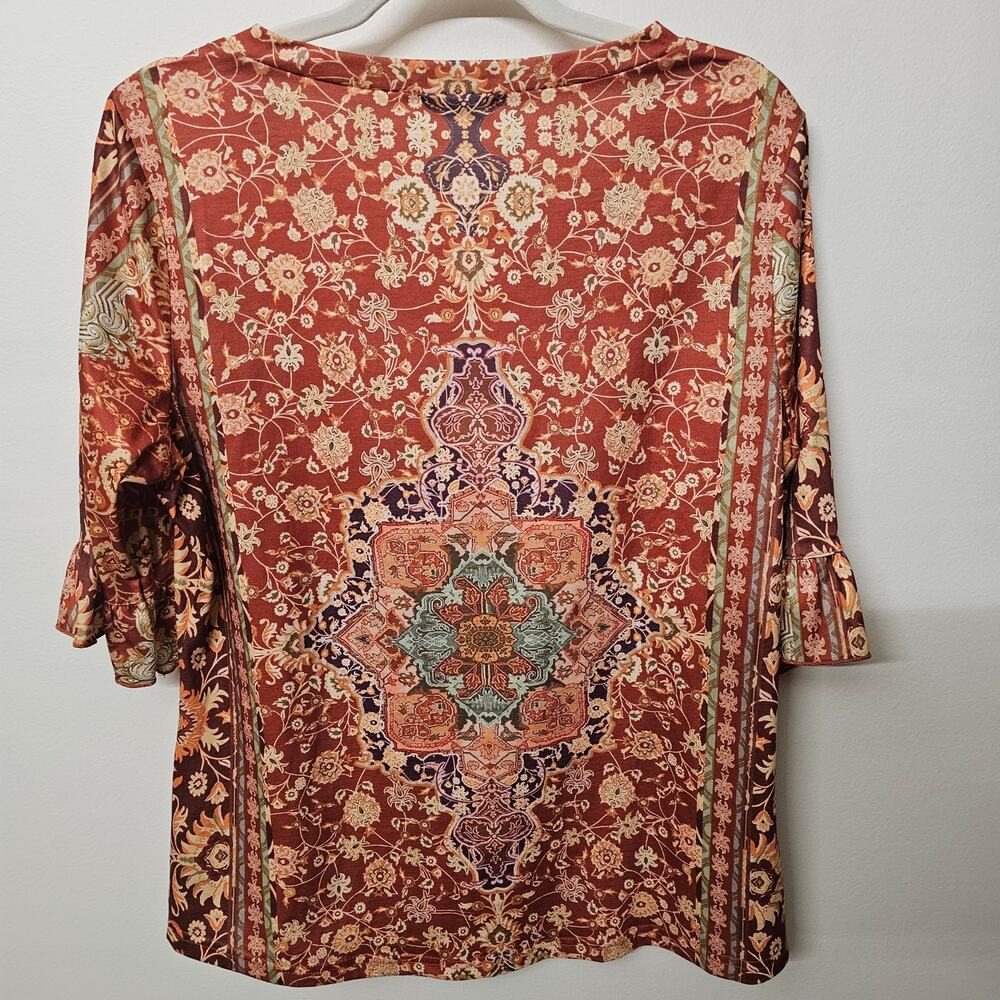 Boho Rust Blouse Floral 3/4 Sleeves SZ L | Zeagoo - Picture 5 of 5